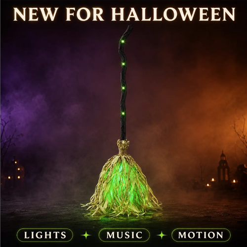🧙 LIMITED-TIME 55% OFF! 🥳Animated Witch Broom Halloween Decoration with Lights and Sound