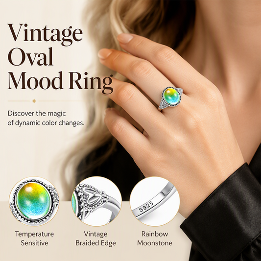 📢📢33% OFF !! ⏰Vintage Oval Temperature Color Changing Mood Ring with Heart Accents