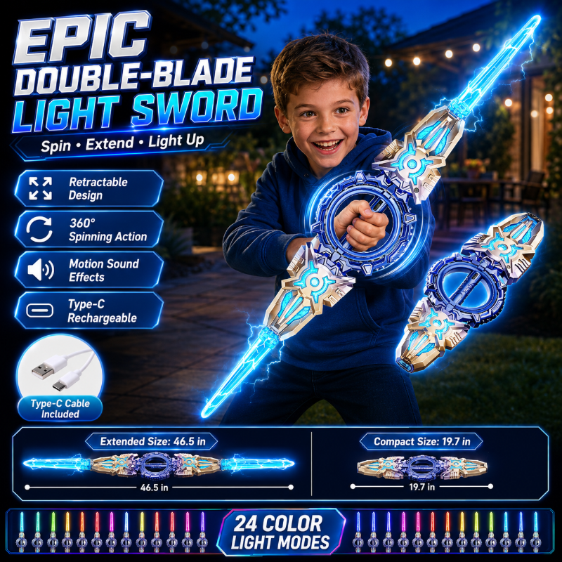 🥳2026 HOT SALE🥳💞50K+ SOLD! ⚔️✨ 48% OFF! Rechargeable Double-Blade Light Up Sword – 360° spin, extendable, 24 light modes, motion sounds, USB-C. Epic gift for kids 6+! 🎁💪