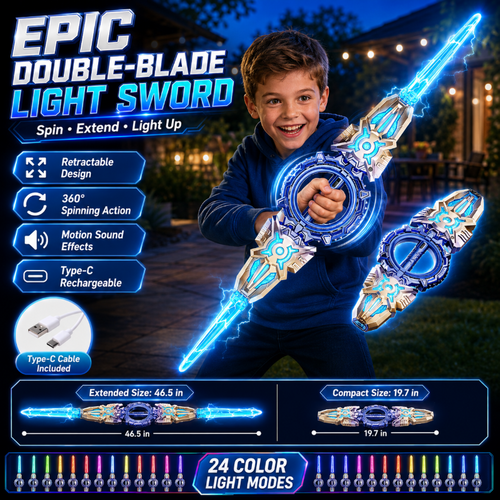 🥳2026 HOT SALE🥳💞50K+ SOLD! ⚔️✨ 48% OFF! Rechargeable Double-Blade Light Up Sword – 360° spin, extendable, 24 light modes, motion sounds, USB-C. Epic gift for kids 6+! 🎁💪