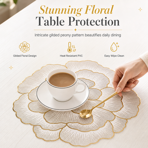 ⏳Limited-time 48% off⏰Nordic Style Metallic Peony Flower PVC Placemat | Heat Resistant Non Slip Waterproof Dining Table Mat🍽️💛🌹