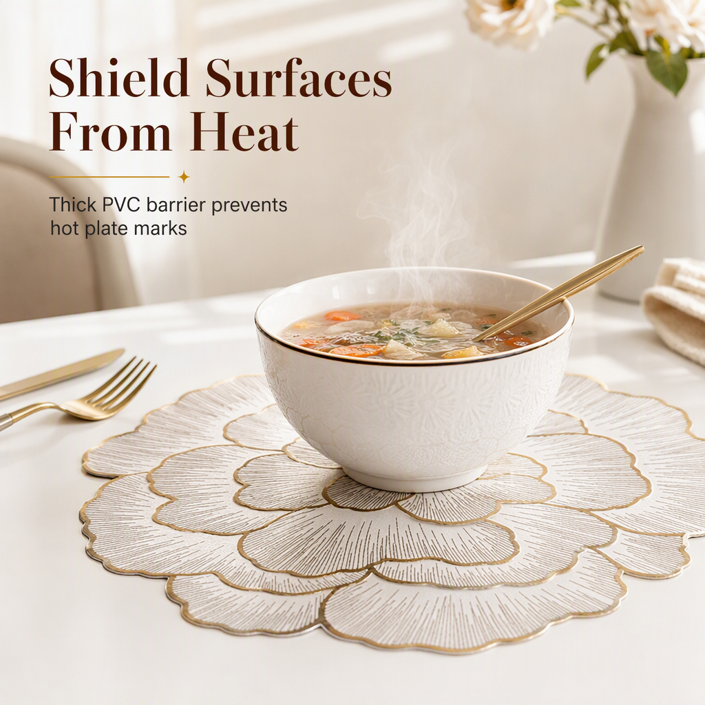 ⏳Limited-time 48% off⏰Nordic Style Metallic Peony Flower PVC Placemat | Heat Resistant Non Slip Waterproof Dining Table Mat🍽️💛🌹