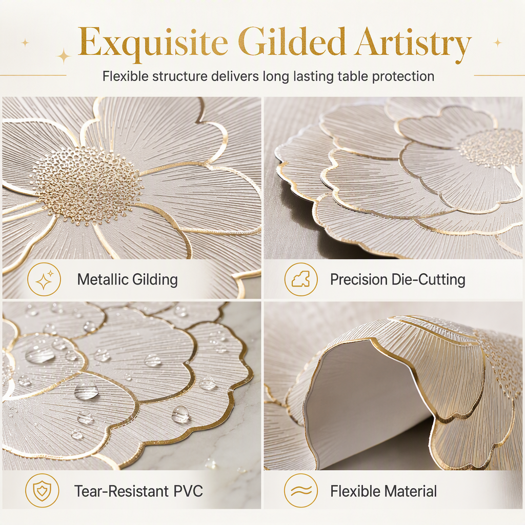 ⏳Limited-time 48% off⏰Nordic Style Metallic Peony Flower PVC Placemat | Heat Resistant Non Slip Waterproof Dining Table Mat🍽️💛🌹