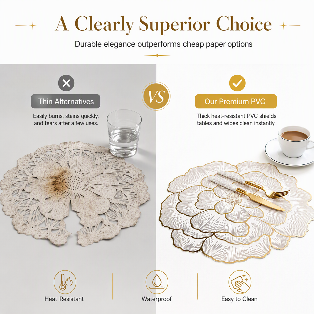 ⏳Limited-time 48% off⏰Nordic Style Metallic Peony Flower PVC Placemat | Heat Resistant Non Slip Waterproof Dining Table Mat🍽️💛🌹