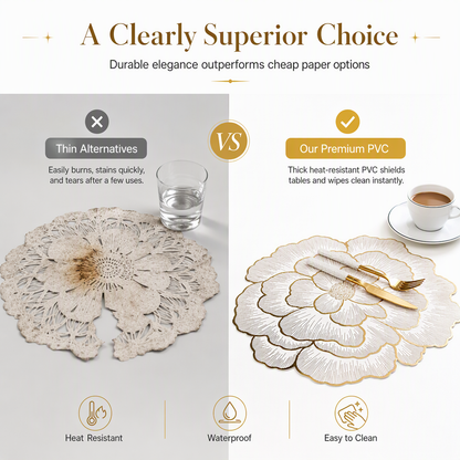 ⏳Limited-time 48% off⏰Nordic Style Metallic Peony Flower PVC Placemat | Heat Resistant Non Slip Waterproof Dining Table Mat🍽️💛🌹