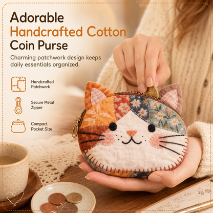 🎁LAST DAY Buy 2 Get 1 Free!!🐱Cute Patchwork Cat Coin Purse, Handmade Fabric Kitten Mini Pouch, Portable Card Holder for Girls