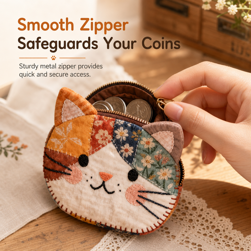 🎁LAST DAY Buy 2 Get 1 Free!!🐱Cute Patchwork Cat Coin Purse, Handmade Fabric Kitten Mini Pouch, Portable Card Holder for Girls