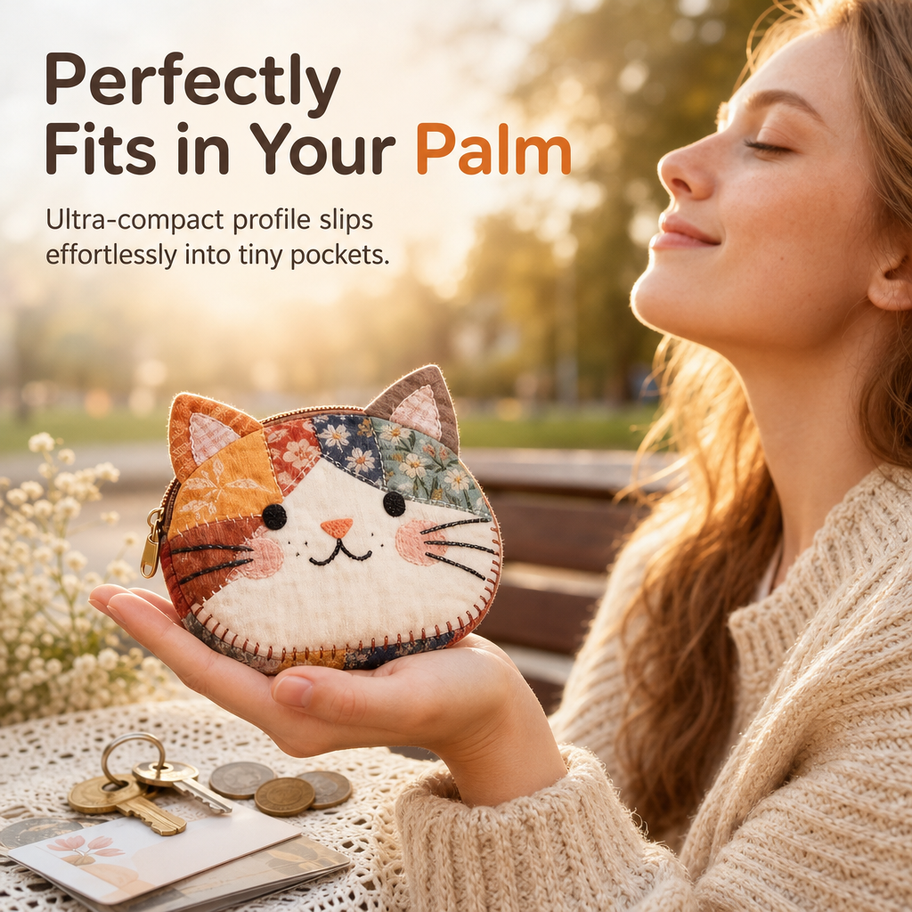 🎁LAST DAY Buy 2 Get 1 Free!!🐱Cute Patchwork Cat Coin Purse, Handmade Fabric Kitten Mini Pouch, Portable Card Holder for Girls