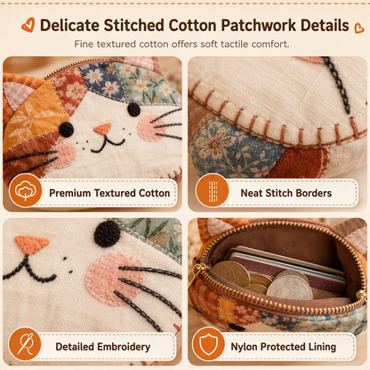 🎁LAST DAY Buy 2 Get 1 Free!!🐱Cute Patchwork Cat Coin Purse, Handmade Fabric Kitten Mini Pouch, Portable Card Holder for Girls