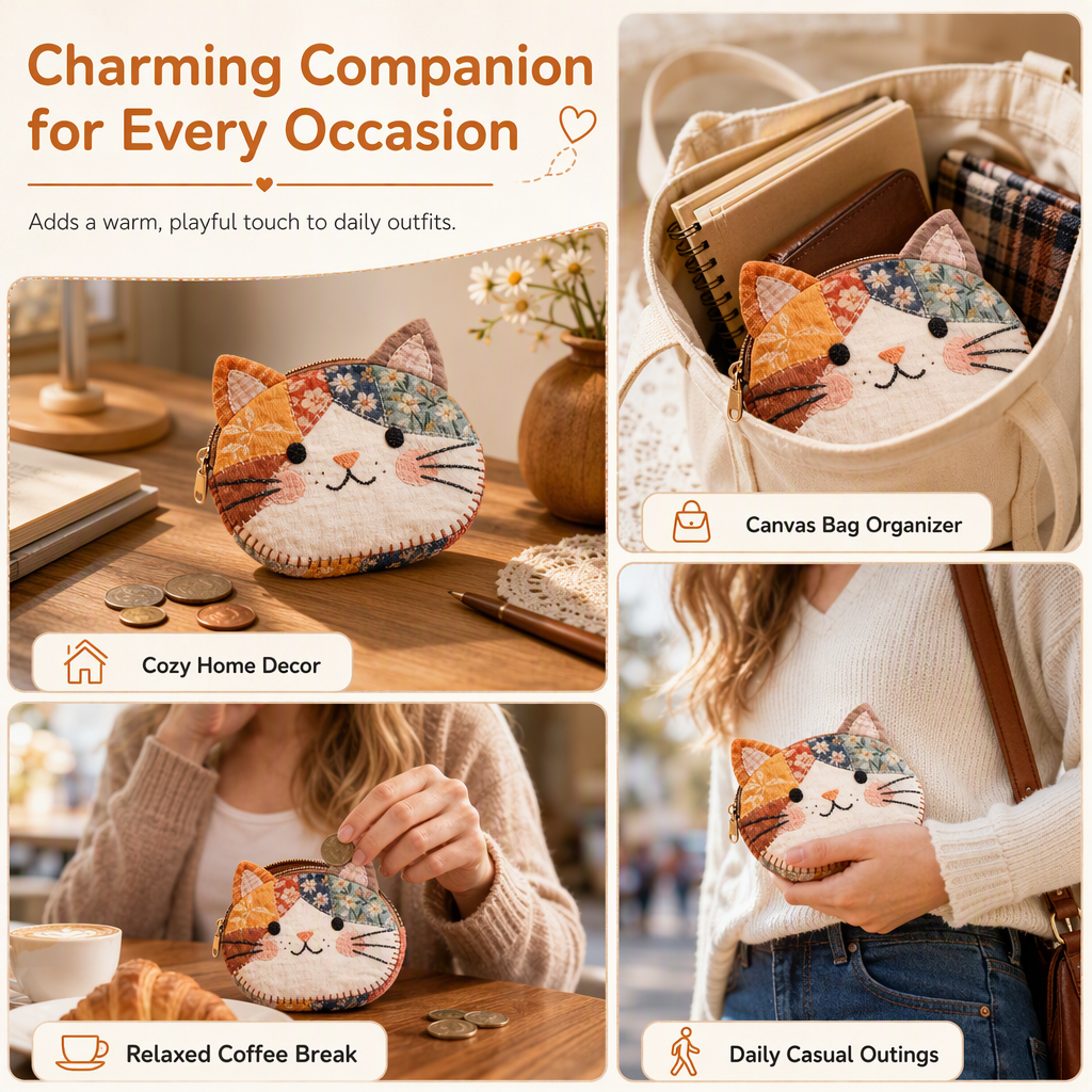 🎁LAST DAY Buy 2 Get 1 Free!!🐱Cute Patchwork Cat Coin Purse, Handmade Fabric Kitten Mini Pouch, Portable Card Holder for Girls