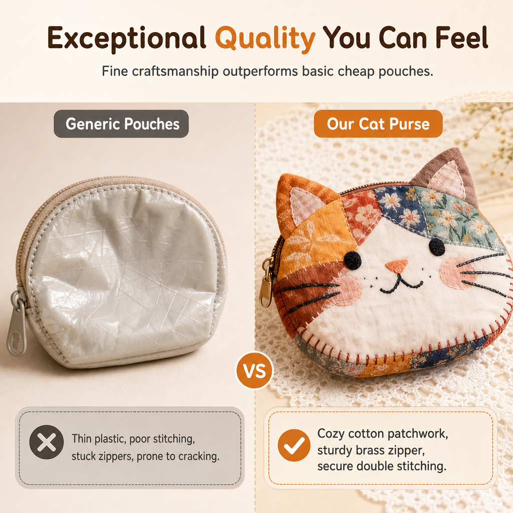🎁LAST DAY Buy 2 Get 1 Free!!🐱Cute Patchwork Cat Coin Purse, Handmade Fabric Kitten Mini Pouch, Portable Card Holder for Girls