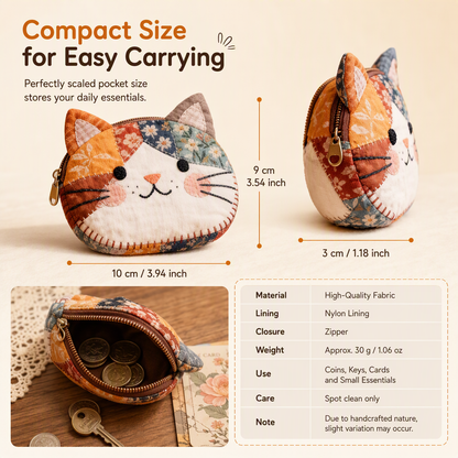 🎁LAST DAY Buy 2 Get 1 Free!!🐱Cute Patchwork Cat Coin Purse, Handmade Fabric Kitten Mini Pouch, Portable Card Holder for Girls