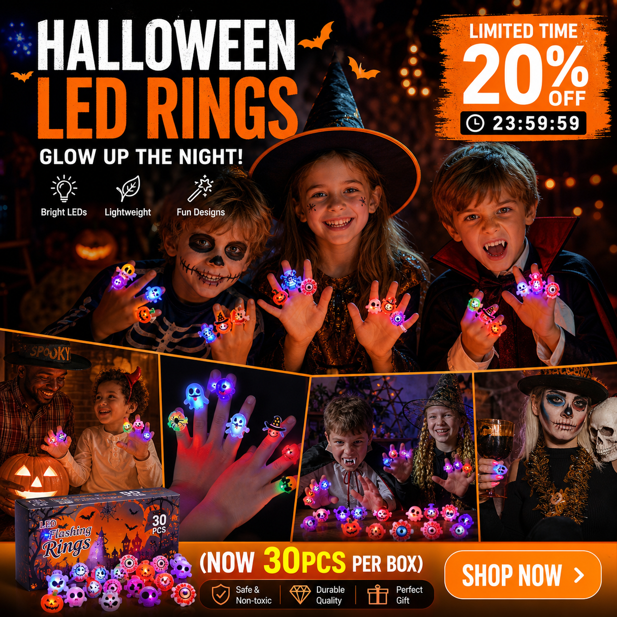 🔥🎃Spooky Season Hot Sale 50% OFF:£10.99‼️✨LED Light Halloween Glowing Ring 💍| Flashing Light‑Up Party Favor for Halloween Night👻